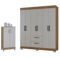 Guarda Roupa Casal Tóquio 6 Portas com Armário Multiuso 2 Portas Pequeno Castanho Off White - Poquema