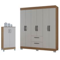 Guarda Roupa Casal Tóquio 6 Portas Com Armário Multiuso 2 Portas Pequeno Castanho Off White - Poquema