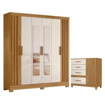 Guarda Roupa Casal Valença Com Espelho E Cômoda Vênus Com Pés Freijó Off White - Moval