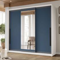 Guarda-Roupa Casal Valência 3 Portas 4 Gavetas com Espelho Branco/Azul - Politorno