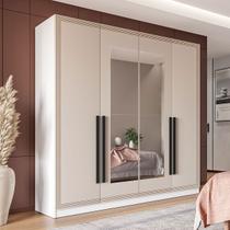 Guarda-Roupa Casal Valência 4 Portas 4 Gavetas com Espelho Branco/Creme - Politorno