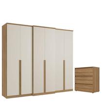 Guarda Roupa Casal Valência 6 Portas Capuccino Off White e Cômoda Gaveteiro Condessa Capuccino Acetinado - THB