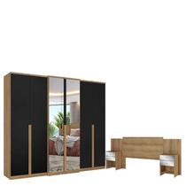 Guarda Roupa Casal Valência 6 Portas Full Glass Capuccino Preto Acetinado e Cabeceira com Mesas de Cabeceira Formosa Glass Capuccino- THB