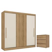 Guarda Roupa Casal Vision 3 Portas Capuccino Cacau Off White Flex Acetinado e Cômoda Gaveteiro Condessa Capuccino - THB