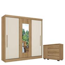 Guarda Roupa Casal Vision Glass 3 Portas Capuccino Cacau Off White Flex Acetinado e Cômoda com Porta Aurora Cappuccino Acetinado - THB