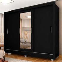 Guarda Roupa Casal Vivian 3 Pts Espelho Menor Preto Fosco