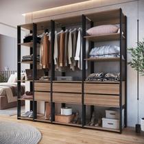 Guarda Roupa Closet 4 Peças com 2 Cabideiros 6 Gavetas e 11 Nichos Easy Preto/Montana - Prodecor