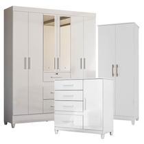 Guarda Roupa com Espelho Casal Itatiba com Cômoda Vênus com pés e Multiuso Jade Branco Brilho Moval