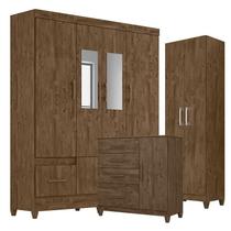 Guarda Roupa com Espelho Casal MS912 com Cômoda Vênus com pés e Armário Multiuso New Íris Castanho Wood Moval