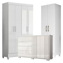 Guarda Roupa com Espelho Infantil Madri com Cômoda Texas e Armário Multiuso New Íris Branco Brilho Moval