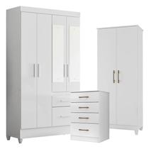 Guarda Roupa com Espelho Infantil Sobral com Cômoda MS913 e Armário Multiuso Jade Branco Brilho Moval