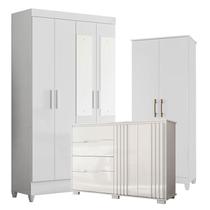 Guarda Roupa com Espelho Infantil Sobral com Cômoda Texas e Armário Multiuso Jade Branco Brilho Moval