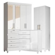 Guarda Roupa Com Espelho Infantil Sobral Com Cômoda Vênus Com Pés E Armário Multiuso New íris Branco Brilho - Moval