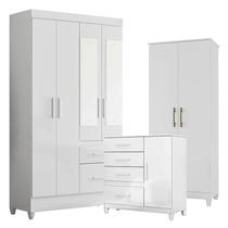 Guarda Roupa com Espelho Infantil Sobral com Cômoda Vênus com pés e Multiuso Jade Branco Brilho Moval