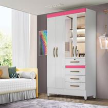Guarda-roupa com espelho solteiro branco/rosa 4 portas e 4 gavetas - Silver Shop JM