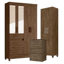 Guarda Roupa com Espelho Solteiro Sobral com Cômoda MS913 e Armário Multiuso New Íris Castanho Wood Moval
