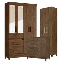 Guarda Roupa com Espelho Solteiro Sobral com Cômoda Vênus com pés e Armário Multiuso New Íris Castanho Wood Moval Guarda Roupa com Espelho Solteiro Sobral com Cômoda Vênus com pés e Armário Multiuso New Íris Castanho Wood Moval