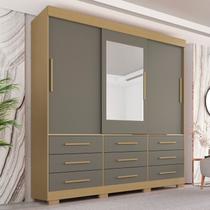 Guarda-Roupa com Pés e Espelho Casal 3 Portas 9 Gavetas Luana Cinza/Jequitibá/Granizo Guarda-Roupa com Pés e Espelho Casal 3 Portas 9 Gavetas Luana Cinza/Jequitibá/Granizo
