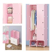 Guarda roupa compacto completo rosa com cabideiro sapateira armario arara estante organizador