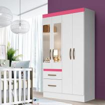 Guarda Roupa De Bebê Com Espelho 4 Portas 2 Gavetas Branco Rosa Flex Martin Shop JM