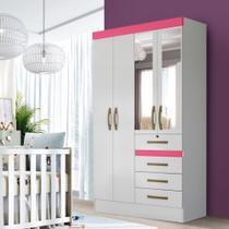 Guarda Roupa De Bebê Com Espelho 4 Portas 4 Gavetas Branco Rosa Flex Seth Shop JM