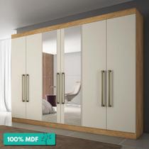 Guarda-Roupa De Casal 100% Mdf 6 Portas C/ Espelho 6 Gavetas 8 Prateleiras Bergone Made Marcs Amêndoa/Off White