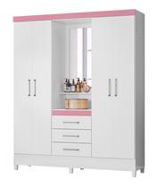 Guarda Roupa de Casal 4 Portas Diamante Branco/Rosa c/ Espelho - Bela Móveis
