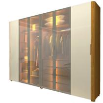 Guarda Roupa de Casal Gelius Innova 6 portas com 4 portas de vidro reflecta 4 gavetas com pés e LED Naturale OFF White