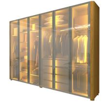 Guarda Roupa de Casal Gelius Innova 6 portas com 6 portas de vidro reflecta 4 gavetas com pés e LED Naturale