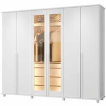 Guarda Roupa de Casal RV Móveis Bélgica 06 portas sendo 02 portas de vidro reflecta 4 gavetas co LED Branco