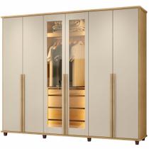 Guarda Roupa de Casal RV Móveis Bélgica 06 portas sendo 02 portas de vidro reflecta 4 gavetas co LED Cinamomo Off White