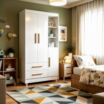 Guarda Roupa Infantil 100% MDF Flocos 3 Portas 2 Gavetas Flex Color Branco/Ypê/Branco