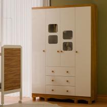Guarda-Roupa Infantil 122cm 4 Portas 3 Gavetas com Janelas e Pés Mimo 100% MDF Espresso Móveis Branco/Brilho/Amêndoa