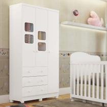 Guarda Roupa Infantil 3 Portas com Janela 3 Gavetas Uli Móveis Peroba Branco Brilho