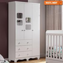 Guarda Roupa Infantil 3 Portas com Janelas 3 Gavetas 100% MDF Uli New Móveis Peroba Branco Brilho