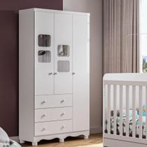 Guarda Roupa Infantil 3 Portas com Janelas e 3 Gavetas 100% MDF Mimo Branco Brilho