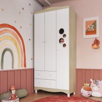 Guarda-Roupa Infantil 3 Portas e 2 Gavetas com Nichos e Cabideiro para Quarto de Bebê