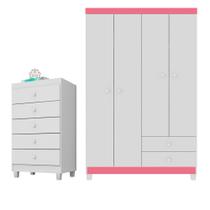 Guarda Roupa Infantil 4 Portas Branco Rosa Flex Com Cômoda 5 Gavetas I01 Aquarela Branco Clique Chique