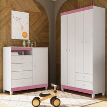 Guarda Roupa Infantil 4 Portas Branco Rosa Flex Com Cômoda Sapateira 1 Porta 4 Gavetas Aquarela Branco Clique Chique