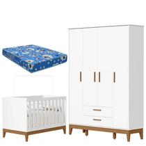 Guarda Roupa Infantil 4 Portas com Berço Americano Flip Branco Acetinado com Colchão - Reller Guarda Roupa Infantil 4 Portas com Berço Americano Flip Branco Acetinado com Colchão - Reller