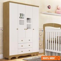 Guarda Roupa Infantil 4 Portas com Janelas 3 Gavetas 100% MDF Uli New Móveis Peroba Branco Brilho/Carvalho