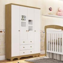 Guarda Roupa Infantil 4 Portas com Janelas e 3 Gavetas 100% MDF Mimo Branco Brilho/Carvalho