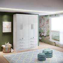 Guarda-Roupa Infantil 4 Portas Frente MDF Puxador de Madeira Aquarela Branco Guarda-Roupa Infantil 4 Portas Frente MDF Puxador de Madeira Aquarela Branco