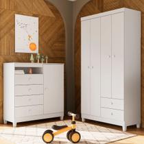 Guarda Roupa Infantil Aquarela 4 Portas 2 Gavetas Com Cômoda Sapateira 1 Porta 4 Gavetas Branco Flex Azul e Rosa Clique Chique