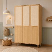 Guarda Roupa Infantil com Palhinha Natural Tela Rattan 3 Portas Paglia Nogueira