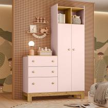 Guarda-Roupa Infantil Flora 2 Portas 3 Gavetas Rosa Acetinado - Qmovi