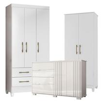 Guarda Roupa Infantil Lima com Cômoda Texas e Armário Multiuso Jade Branco Brilho Moval