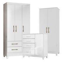 Guarda Roupa Infantil Lima com Cômoda Vênus com pés e Armário Multiuso Jade Branco Brilho Moval