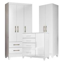 Guarda Roupa Infantil Lima com Cômoda Vênus com pés e Armário Multiuso New Íris Branco Brilho Moval