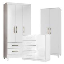 Guarda Roupa Infantil Lima com Cômoda Vênus e Armário Multiuso Jade Branco Brilho Moval